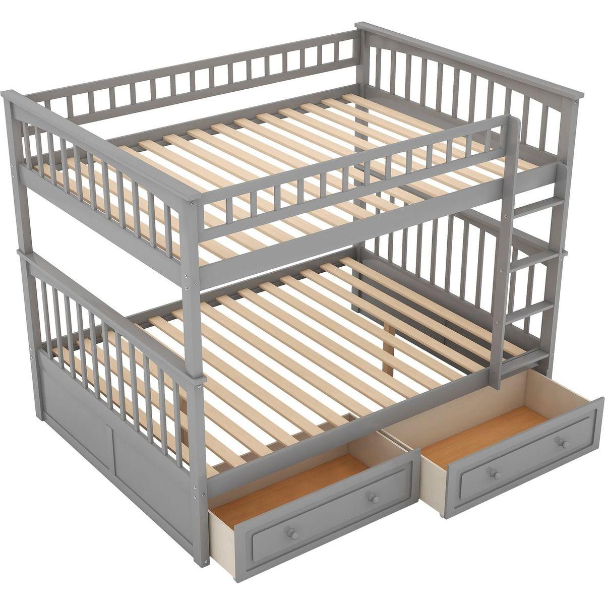 Full over Full Bunk Bed with Drawers, Convertible Beds, Gray