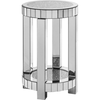 Mirror round table with crystal inlay, 2-layer modern small sofa table with storage space, silver decorative table suitable for living room, bedroom, coffee and small spaces