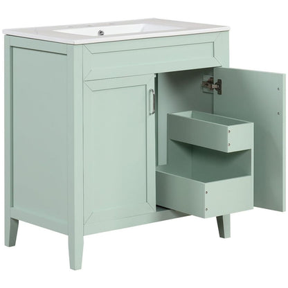 30" Bathroom Vanity with Sink, Multi-functional Bathroom Cabinet with Doors and Drawers, Solid Frame and MDF Board, Green