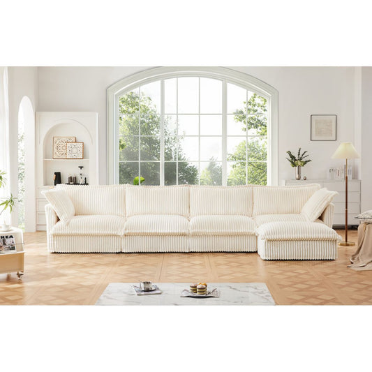 Slipcovered L Shape Sectional Long Sofa Couch, 4 Seater Sofa with Suppleness Armrests,Deep Seat Sofa with 2 Big Pillows, Comfy Couch for Living Room, Apartment, Cream Corduroy Fabric