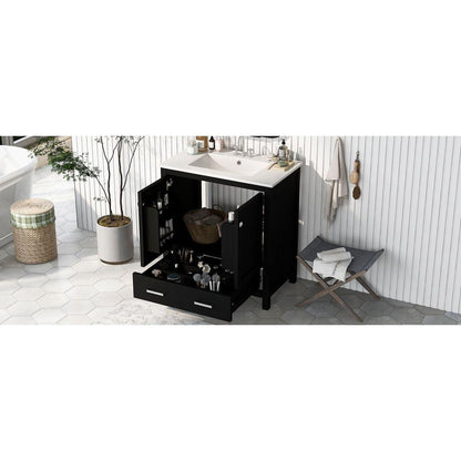 30" Black Bathroom Vanity with Single Sink, Combo Cabinet Undermount Sink, Bathroom Storage Cabinet with 2 Doors and a Drawer, Soft Closing, Multifunctional Storage, Solid Wood Frame