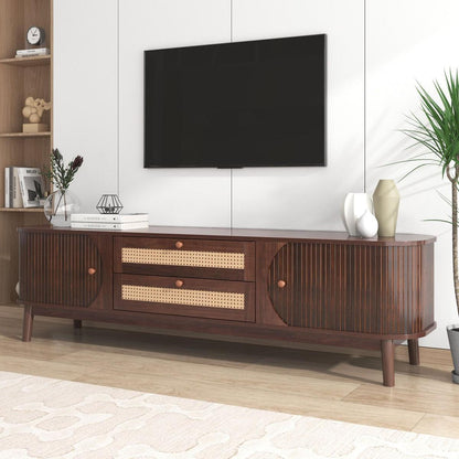Rattan TV Stand for TVs up to 75", Modern Farmhouse Media Console, Entertainment Center with Solid Wood Legs, TV Cabinet for Living Room,Home Theatre
