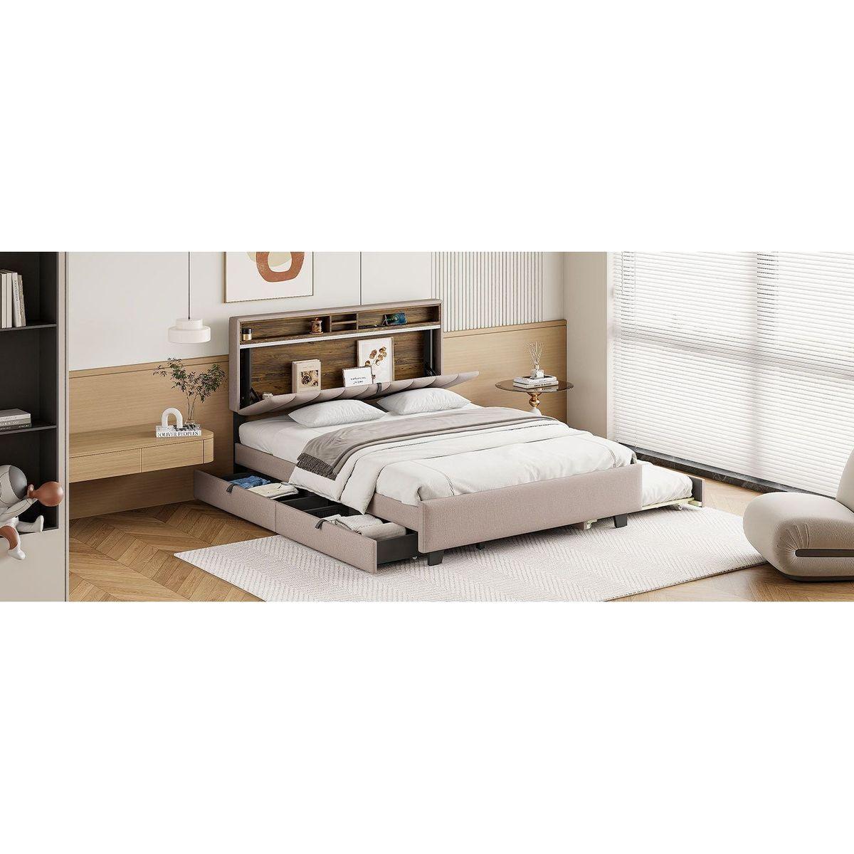 Queen size Upholstered Platform Bed with Storage Headboard, Twin XL Size Trundle & 2 drawers and a set of Sockets & USB Ports, Linen Fabric, Beige