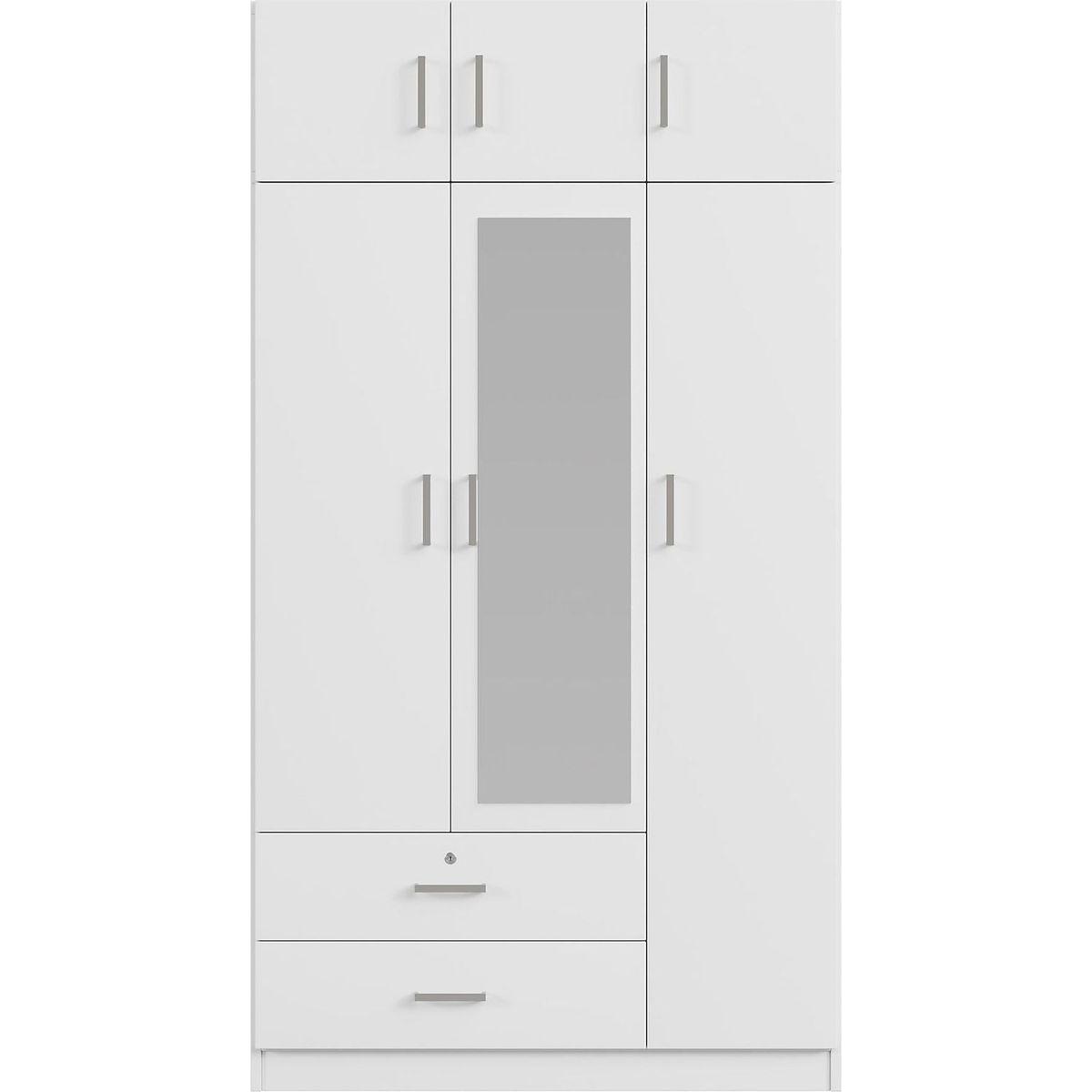 3-Door Mirror Wardrobe with 2 Drawers and Top Cabinet,White
