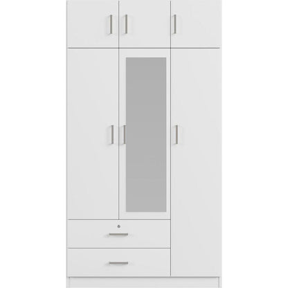 3-Door Mirror Wardrobe with 2 Drawers and Top Cabinet,White