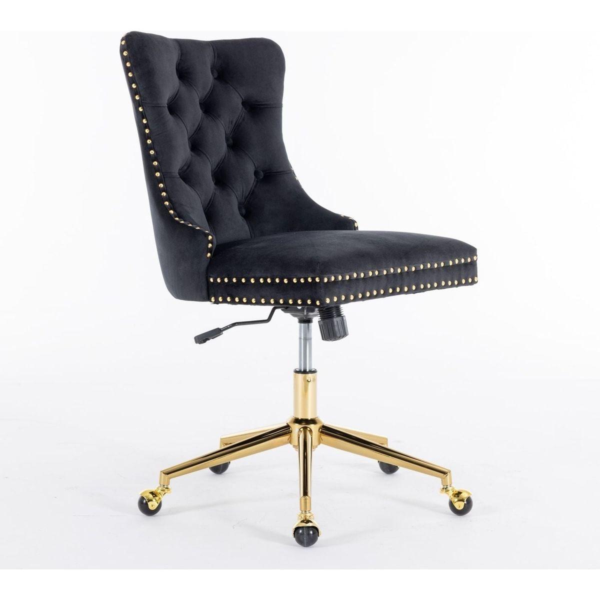 Office Chair,Velvet Upholstered Tufted Button Home Office Chair with Golden Metal Base,Adjustable Desk Chair Swivel Office Chair (Black)