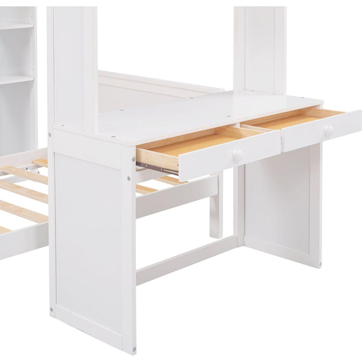 Twin size Loft Bed with a Stand-alone bed, Shelves,Desk,and Wardrobe-White