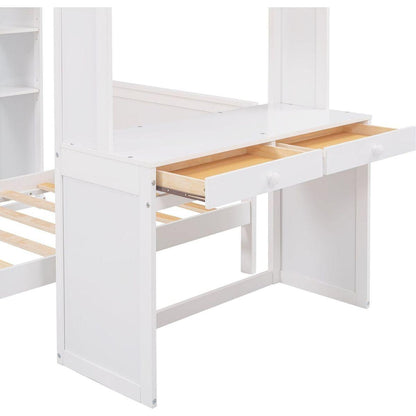 Twin size Loft Bed with a Stand-alone bed, Shelves,Desk,and Wardrobe-White