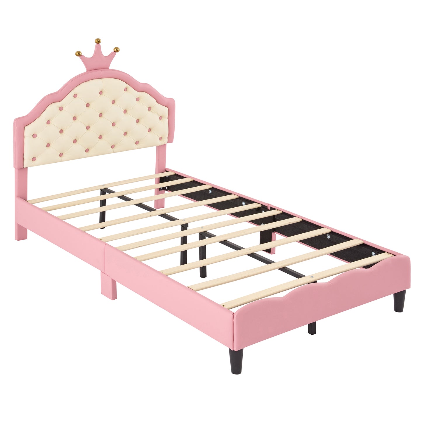 Twin Size Lovely Crown Fantasy PU Leather Princess Bed with Tufted Headboard, Pink+Cream