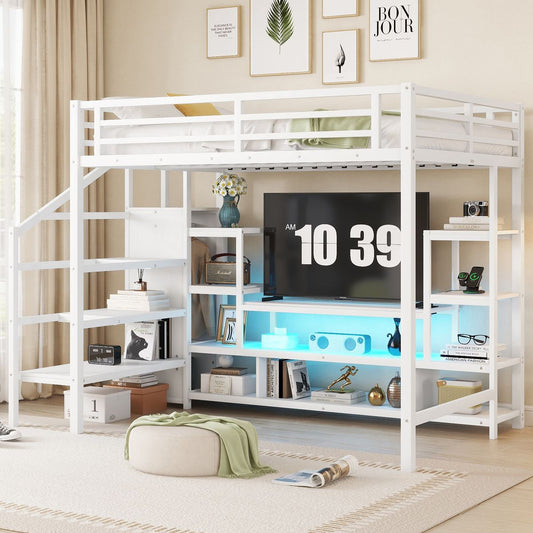 Full Size Metal Loft Bed with TV Cabinet, Metal Loft Bed with Staircase and Wardrobe, Kids Full Size Loft Bed, White (Expect Arrival Date 2025/3/22)