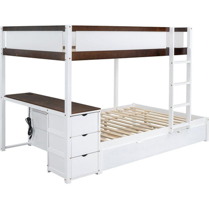 Full-Over-Full Bunk Bed with Twin size Trundle, Storage and Desk, White+Walnut