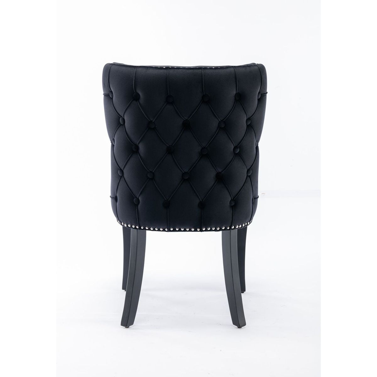 Set of 2 Black Velvet upholstered wing-back dining chair with backstitching nailhead trim and solid wood legs