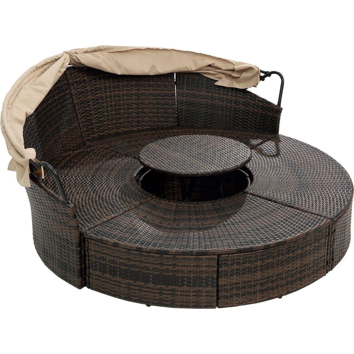 Hot Sale KD Rattan Round Lounge With Canopy Bali Canopy Bed Outdoor, Wicker Outdoor Sofa Bed with lift coffee table