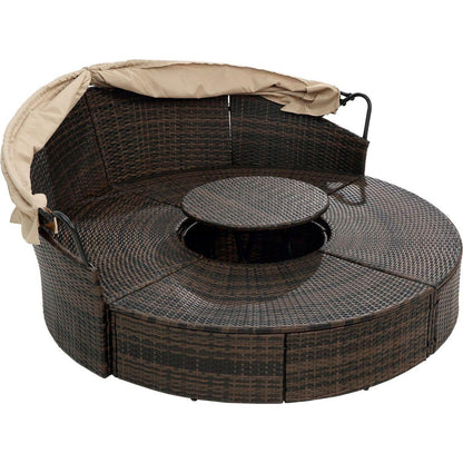 Hot Sale KD Rattan Round Lounge With Canopy Bali Canopy Bed Outdoor, Wicker Outdoor Sofa Bed with lift coffee table
