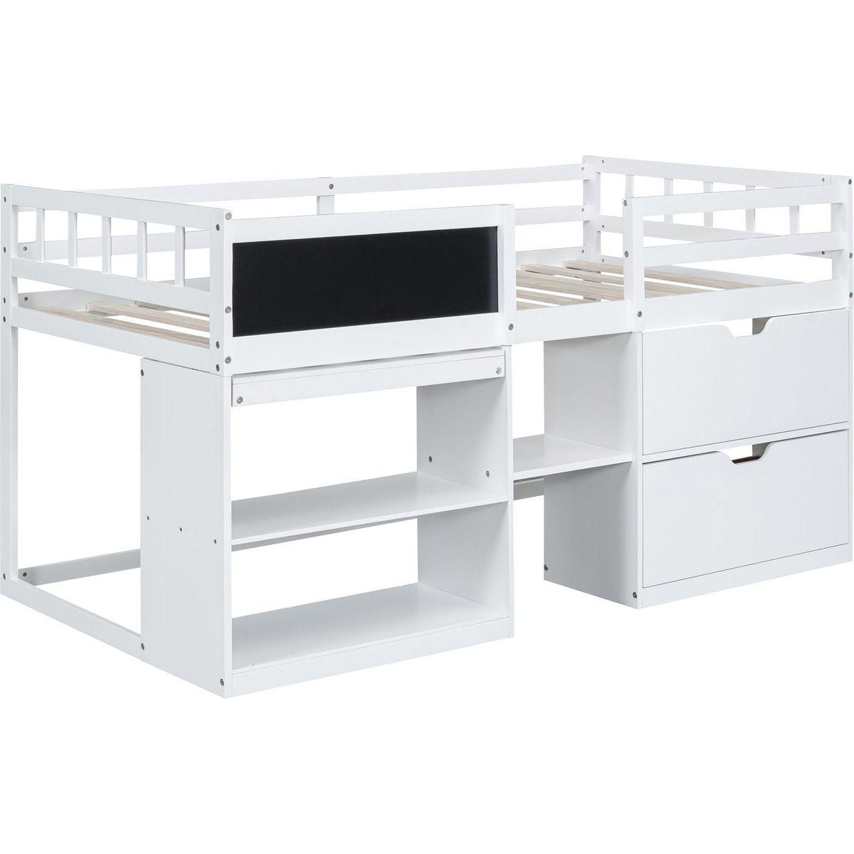 Twin Size Low Loft Bed with Rolling Desk, Shelf and Drawers - White