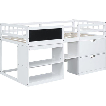 Twin Size Low Loft Bed with Rolling Desk, Shelf and Drawers - White