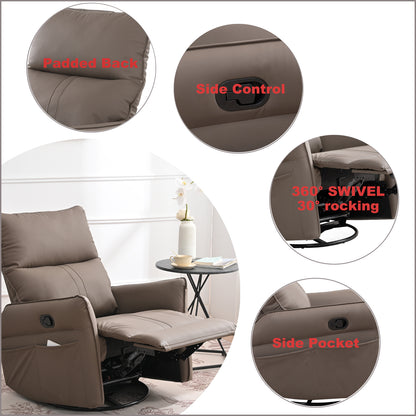 Rocking Recliner Chair,360 Degree Swivel Nursery Rocking Chair,Glider Chair,Modern Small Rocking Swivel Recliner Chair for Bedroom,Living Room Chair Home Theater Seat,Side Pocket(Brown)