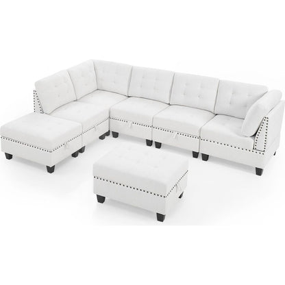 L shape Modular Sectional Sofa,DIY Combination,includes Three Single Chair, Two Corner and Two Ottoman,Ivory Chenille