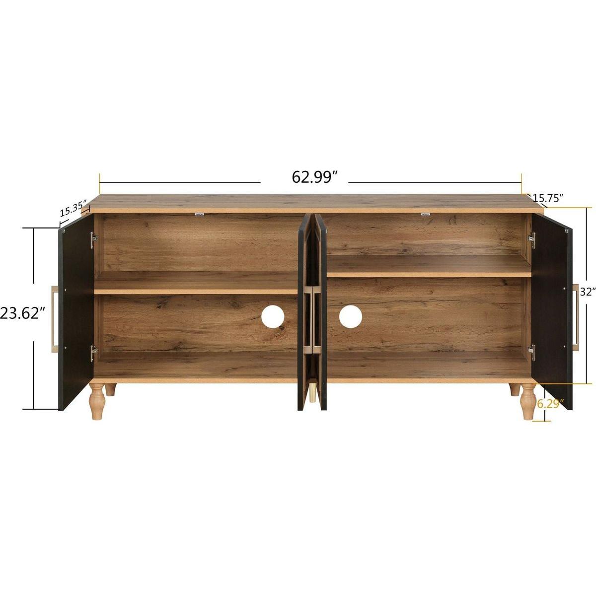 Carved Flower Door Large Storage Cabinet With Metal Handle Suitable For Living Room, Kitchen, Entryway(NATURAL WOOD) - Streamdale Furniture