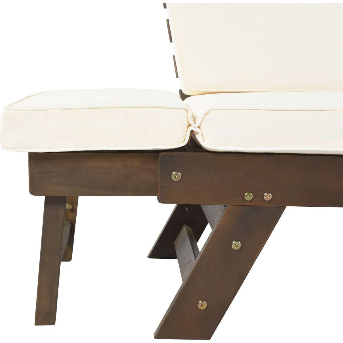 Outdoor Adjustable Patio Wooden Daybed Sofa Chaise Lounge with Cushions for Small Places, Brown Finish+Beige Cushion