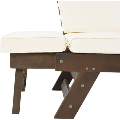 Outdoor Adjustable Patio Wooden Daybed Sofa Chaise Lounge with Cushions for Small Places, Brown Finish+Beige Cushion