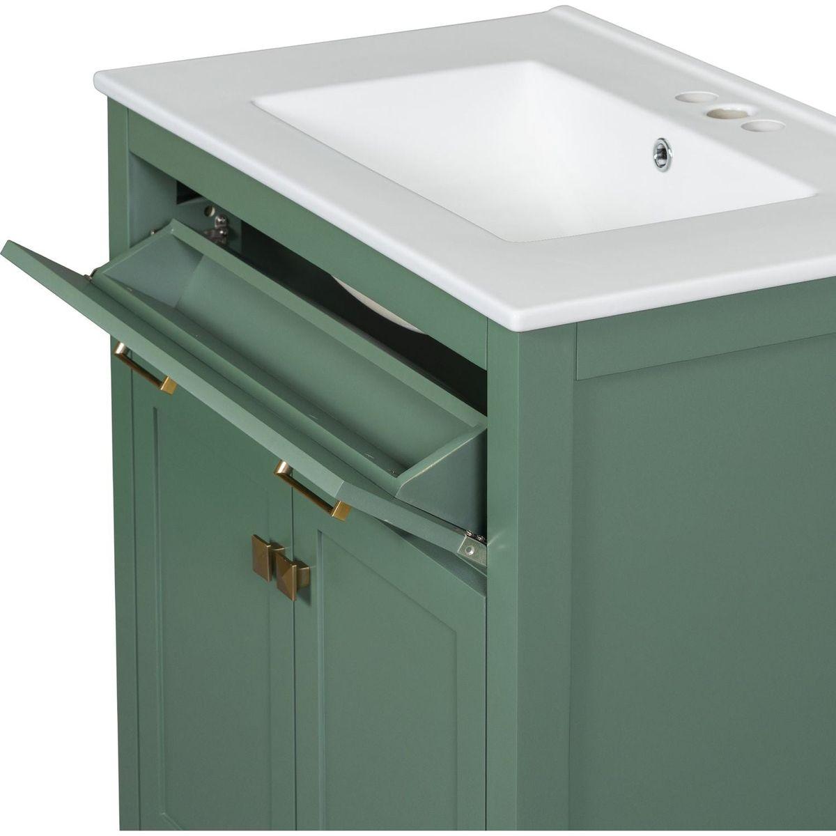 30-inch Bathroom Vanity with Ceramic Sink, Modern Green Single Bathroom Cabinet with 2 Doors and a Shelf, Soft Close Doors