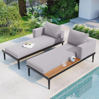 Modern Outdoor Daybed Patio Metal Daybed with Wood Topped Side Spaces for Drinks, 2 in 1 Padded Chaise Lounges for Poolside, Balcony, Deck, Gray