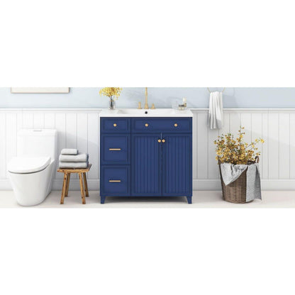 36-inch Bathroom Vanity, Transitional Style Bathroom Cabinet with Resin Sink, Navy Blue Single Bathroom Cabinet, with 2 Drawers and 1 Adjustable Storage Shelf, 2 Soft-close Doors