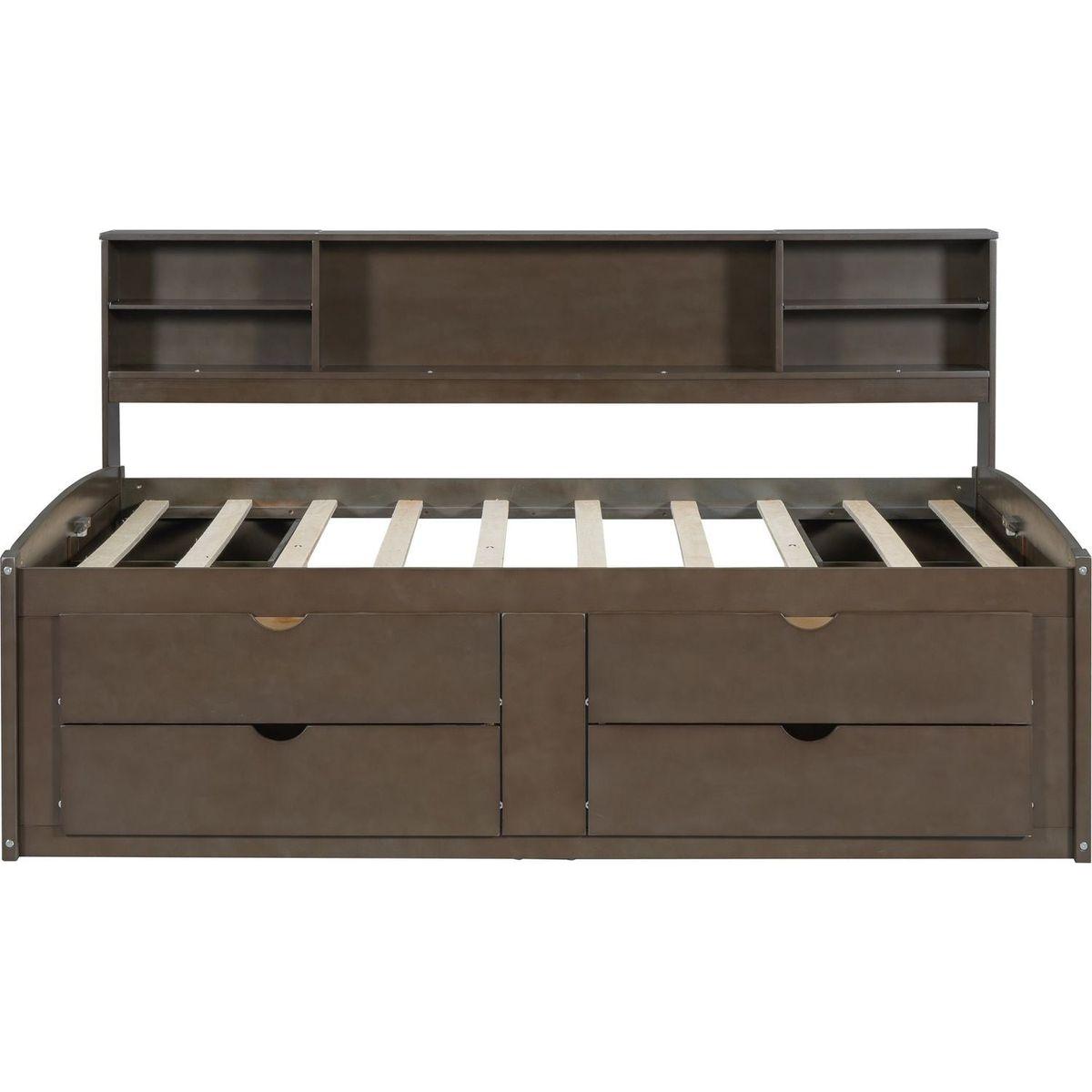 Full Size Wood Daybed with 2 Bedside Cabinets, Upper Shelves and 4 Drawers, Antique Brown