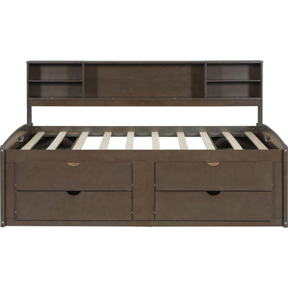 Full Size Wood Daybed with 2 Bedside Cabinets, Upper Shelves and 4 Drawers, Antique Brown