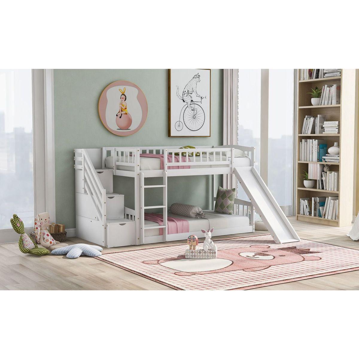 Stairway Twin over Twin Bunk Bed with Two Drawers and Slide, White