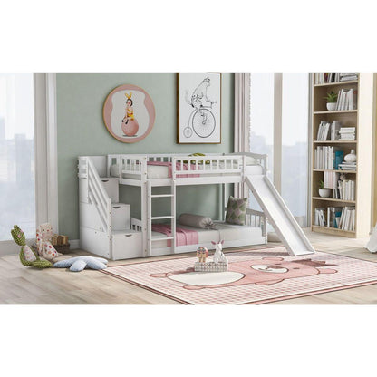 Stairway Twin over Twin Bunk Bed with Two Drawers and Slide, White