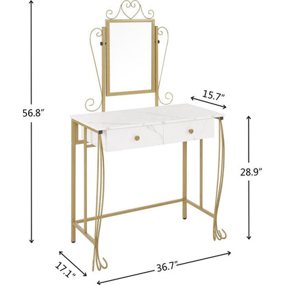 Vanity Mirror Table Set, Makeup Desk Vanity with Stool, Vintage Bedroom Vanity Lots Storage Dressing Table White for Women and Girls