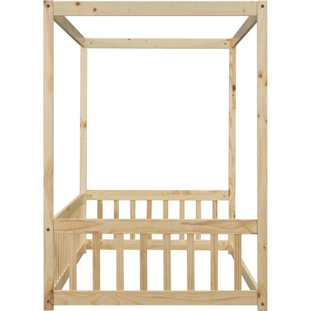 Twin Size Canopy Frame Floor Bed with Fence, Guardrails,Natural