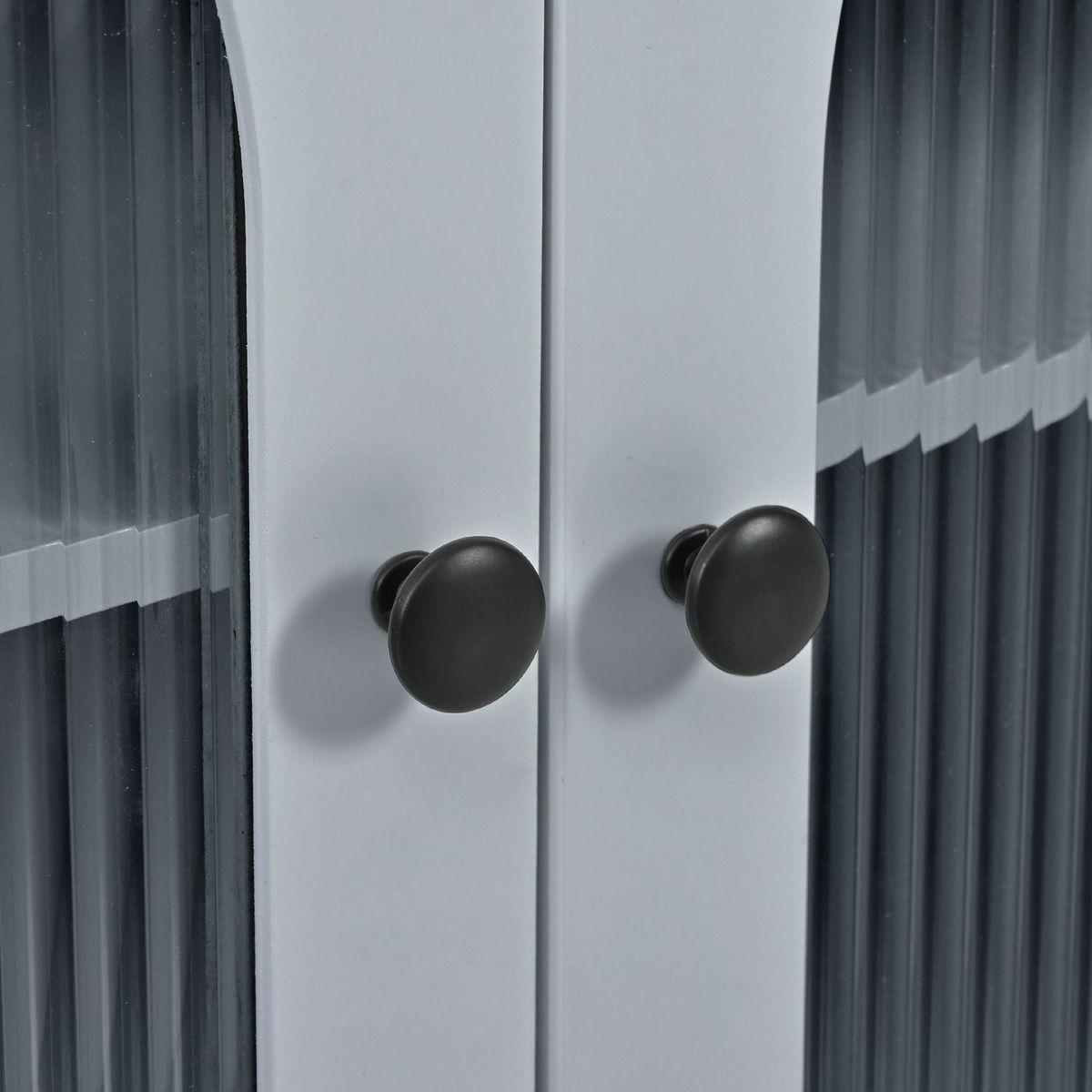 Rolling Kitchen Island With Movable Extended Table, Kitchen Cabinet on Wheels with Power Outlets and 2 Fluted Glass Doors, Kitchen Island with a Storage Compartment and Side 3 Open Shelves, Grey