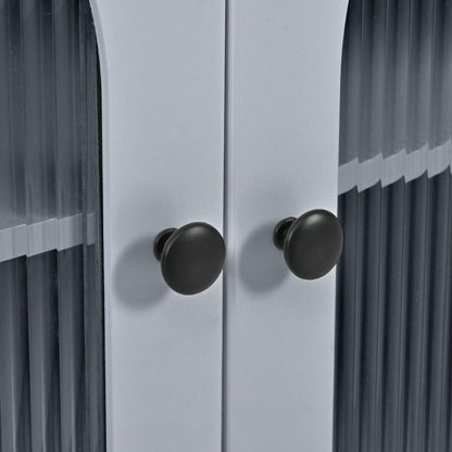 Rolling Kitchen Island With Movable Extended Table, Kitchen Cabinet on Wheels with Power Outlets and 2 Fluted Glass Doors, Kitchen Island with a Storage Compartment and Side 3 Open Shelves, Grey