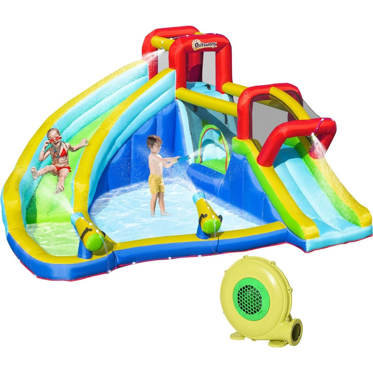 5-in-1 Inflatable Water Slide Kids Bounce House Water Park Jumping Castle Includes Trampoline Slide Water Pool Cannon Climbing Wall with Carry Bag, Repair Patches, 450W Air Blower