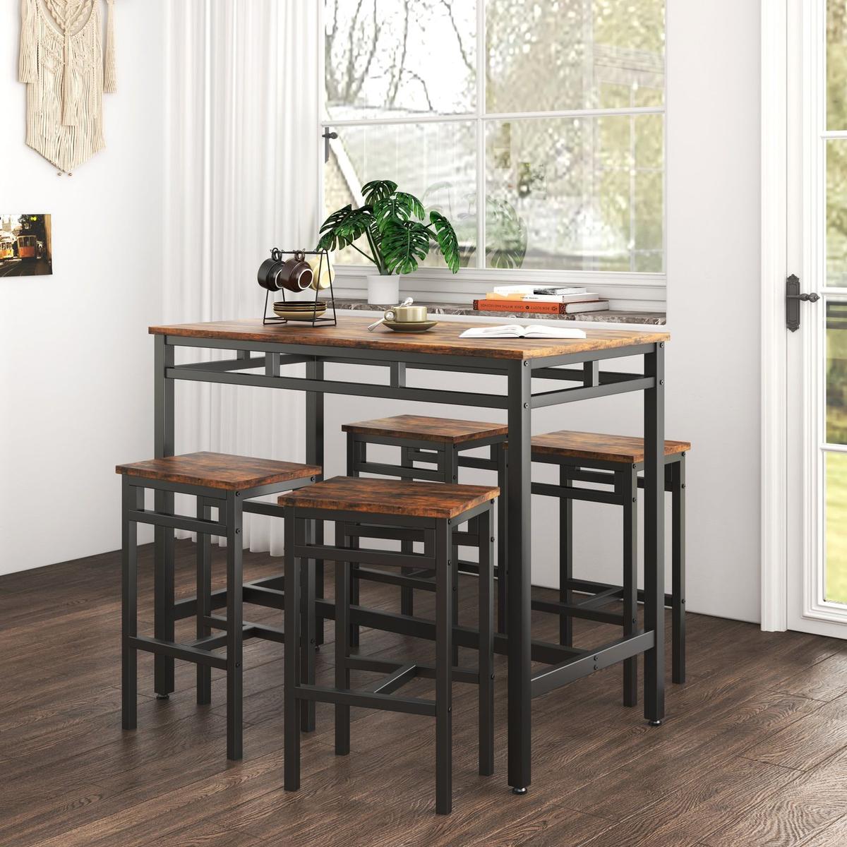 Bar table set 5PC Dinging table set with high stools, structural strengthening, industrial style. Rustic Brown, 43.31" L x 23.62" W x 35.43" H.