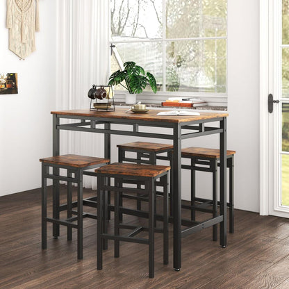 Bar table set 5PC Dinging table set with high stools, structural strengthening, industrial style. Rustic Brown, 43.31" L x 23.62" W x 35.43" H.