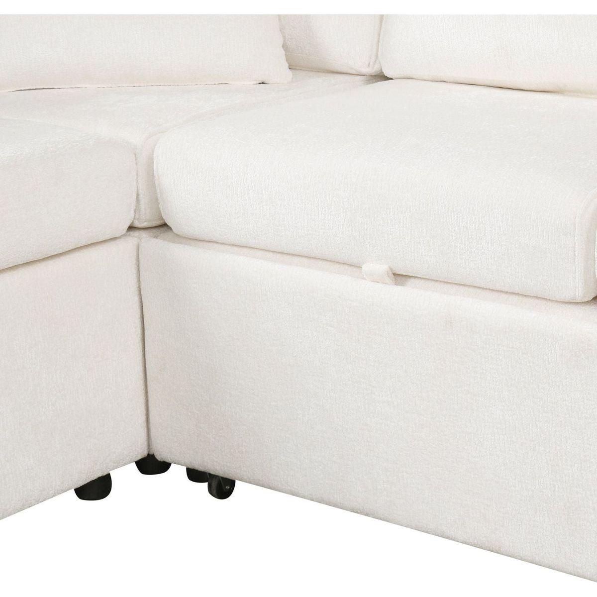112.2" Sectional Sofa Pull-out Sofa Bed Sleeper with a Storage Ottoman,Three Pillows and Charging Devices for Living Room, Cream