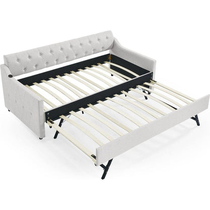Twin Size Upholstery DayBed with Twin Size Erectable Trundle and USB Charging Design, Linen Beige