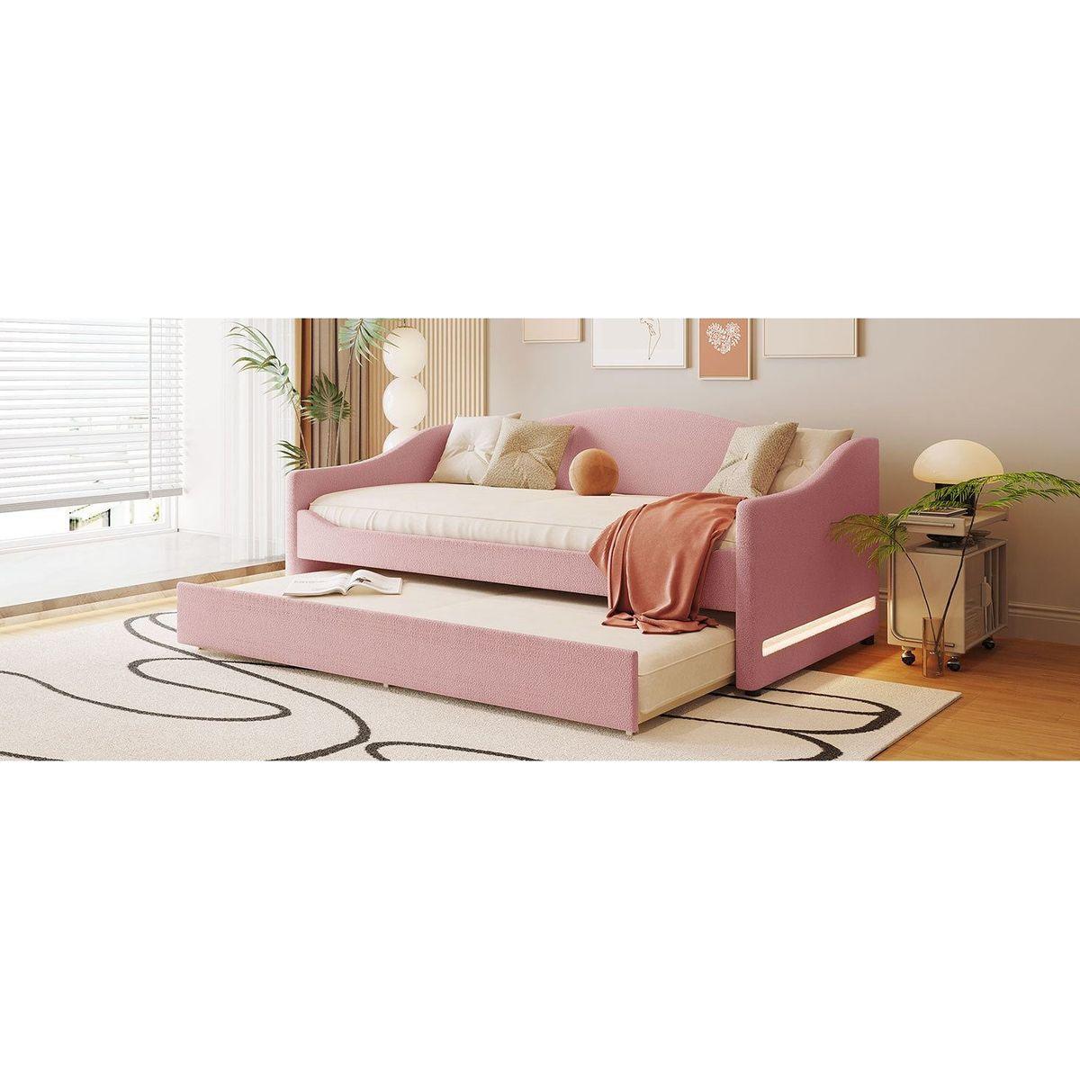 Teddy Fleece Twin Size Upholstered Daybed with Light and Trundle, Pink