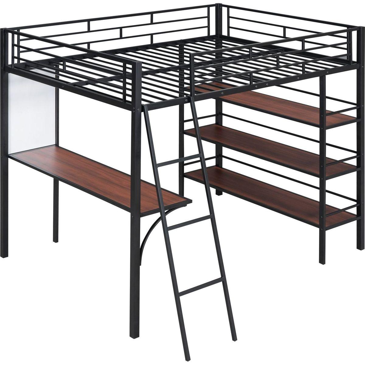 Full Size Loft Metal Bed with 3 Layers of Shelves and Desk, Stylish Metal Frame Bed with Whiteboard, Black