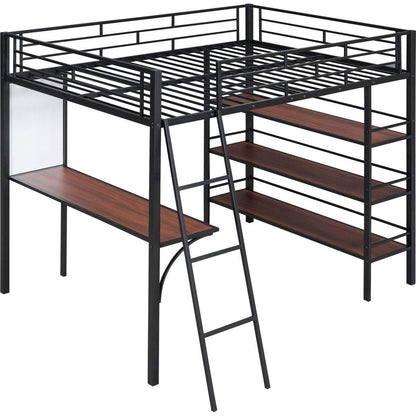 Full Size Loft Metal Bed with 3 Layers of Shelves and Desk, Stylish Metal Frame Bed with Whiteboard, Black