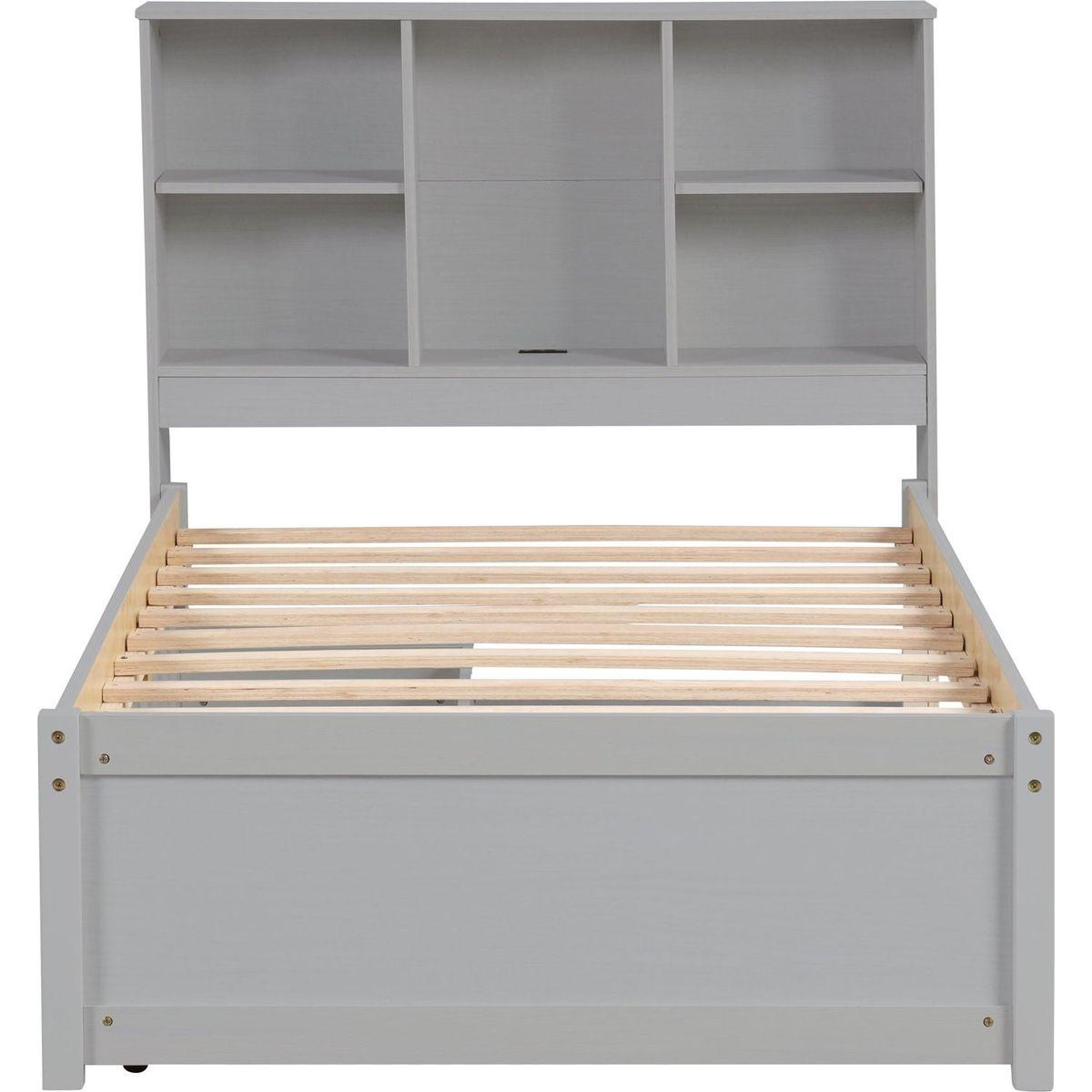 Modern Twin Size Bed Frame With Built-in USB Port on Bookcase Headboard and 2 Drawers for Grey Color