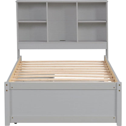 Modern Twin Size Bed Frame With Built-in USB Port on Bookcase Headboard and 2 Drawers for Grey Color