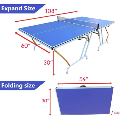 9ft Mid-Size Table Tennis Table Foldable & Portable Ping Pong Table Set for Indoor Games with Net, 2 Table Tennis Paddles and 3 Balls