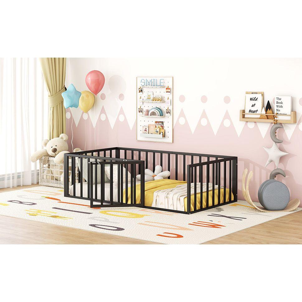 Twin Size Metal Floor Bed Frame with Fence and Door, Black