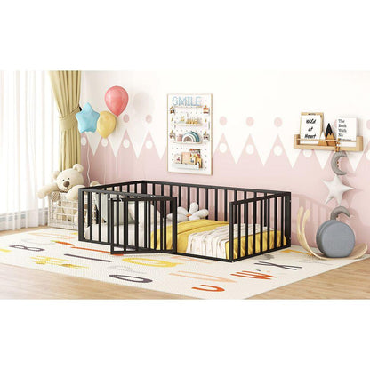 Twin Size Metal Floor Bed Frame with Fence and Door, Black