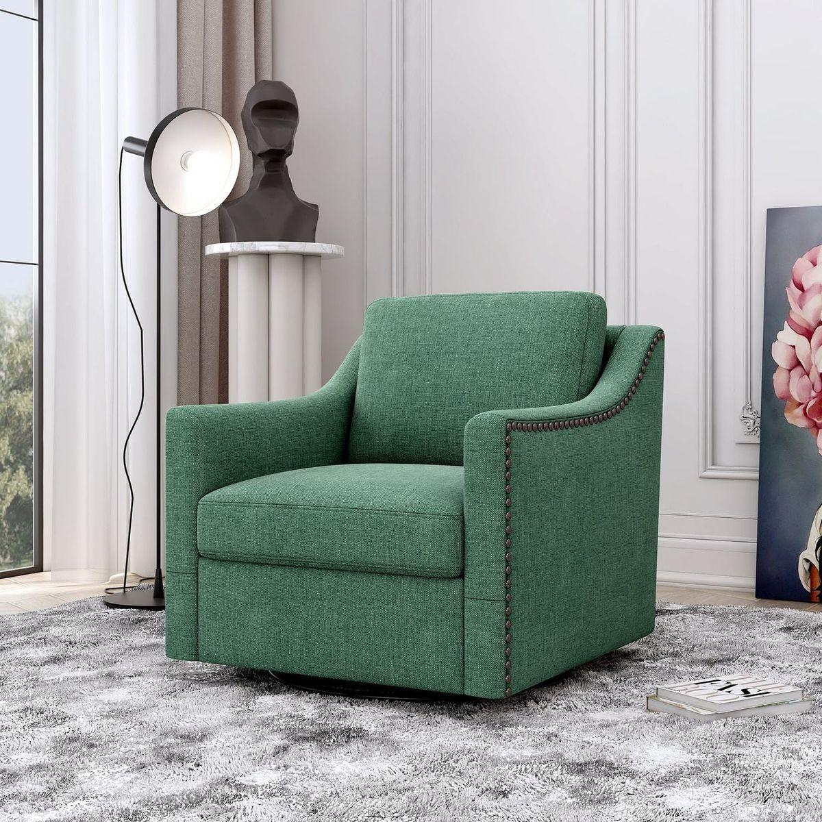 360 Degree Swivel Armchair Cotton linen skin-friendly fabric Ergonomic design Brass nail decorative armchair Living room chairs Bedroom chairs Living room chairs Black legs Suitable for indoor homes